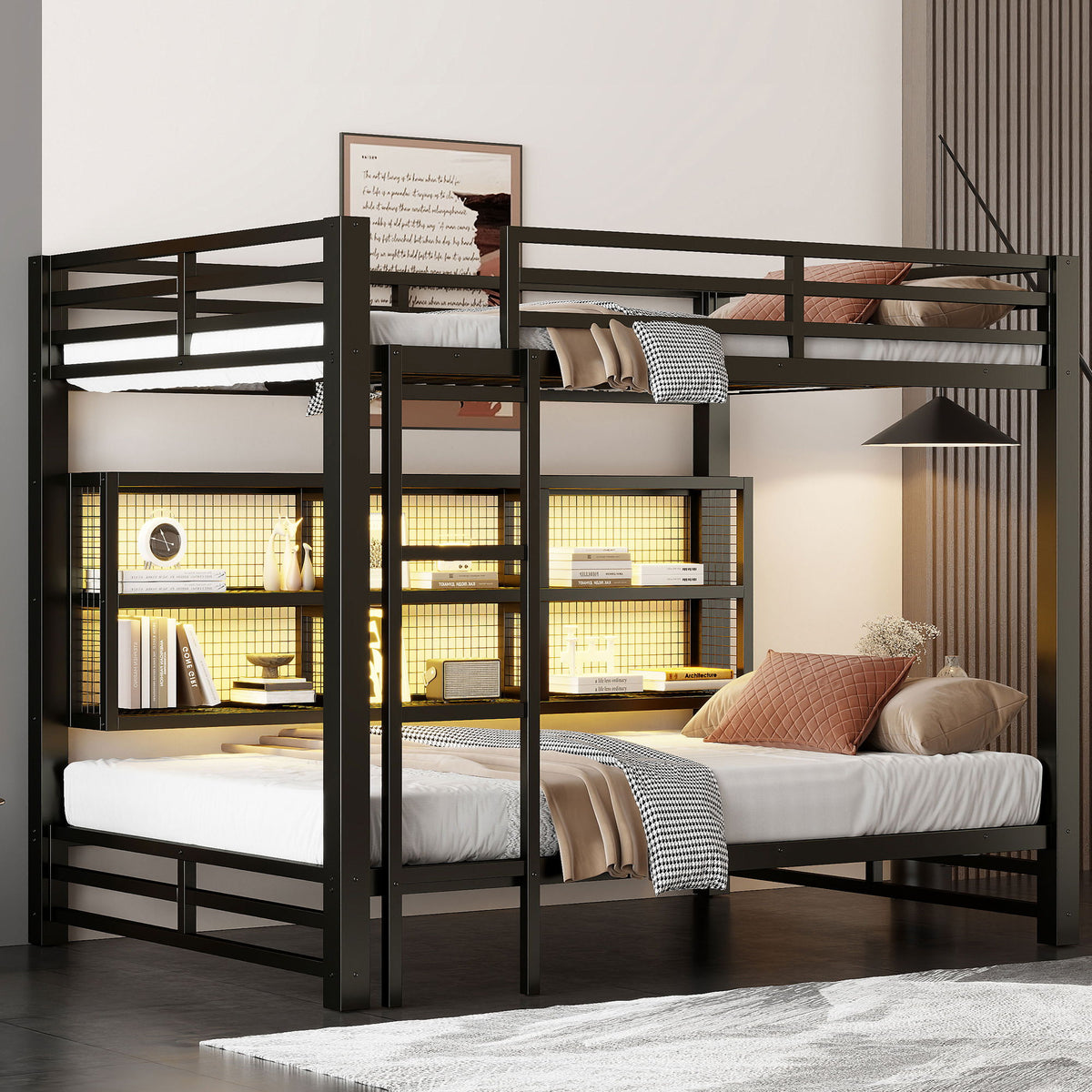 Queen Over Queen Bunk Bed With Storage Cabinets And LED Sturdy Frame, 6 Storage Units, Adjustable LED Lights - Black