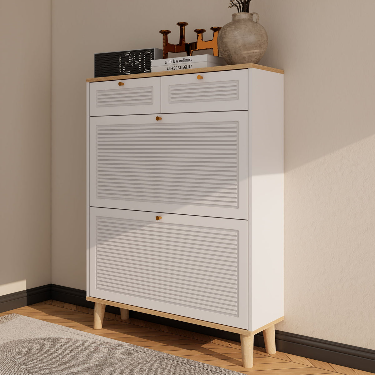 Modern Freestanding Shoe Cabinet With Flip Up Doors And Drawers, Compact Design For Entryway - White Natural