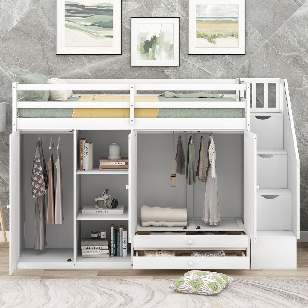 Loft Bed With 3 Shelves, 2 Wardrobes, 2 Drawers, Ladder Storage