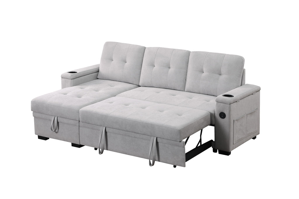 Ashlyn II - Reversible Sleeper Sectional Sofa With Storage Chaise, Storage Arm, Cup Holder, Charging Ports, Side Pockets, and Pocket Coil Seating - Gray