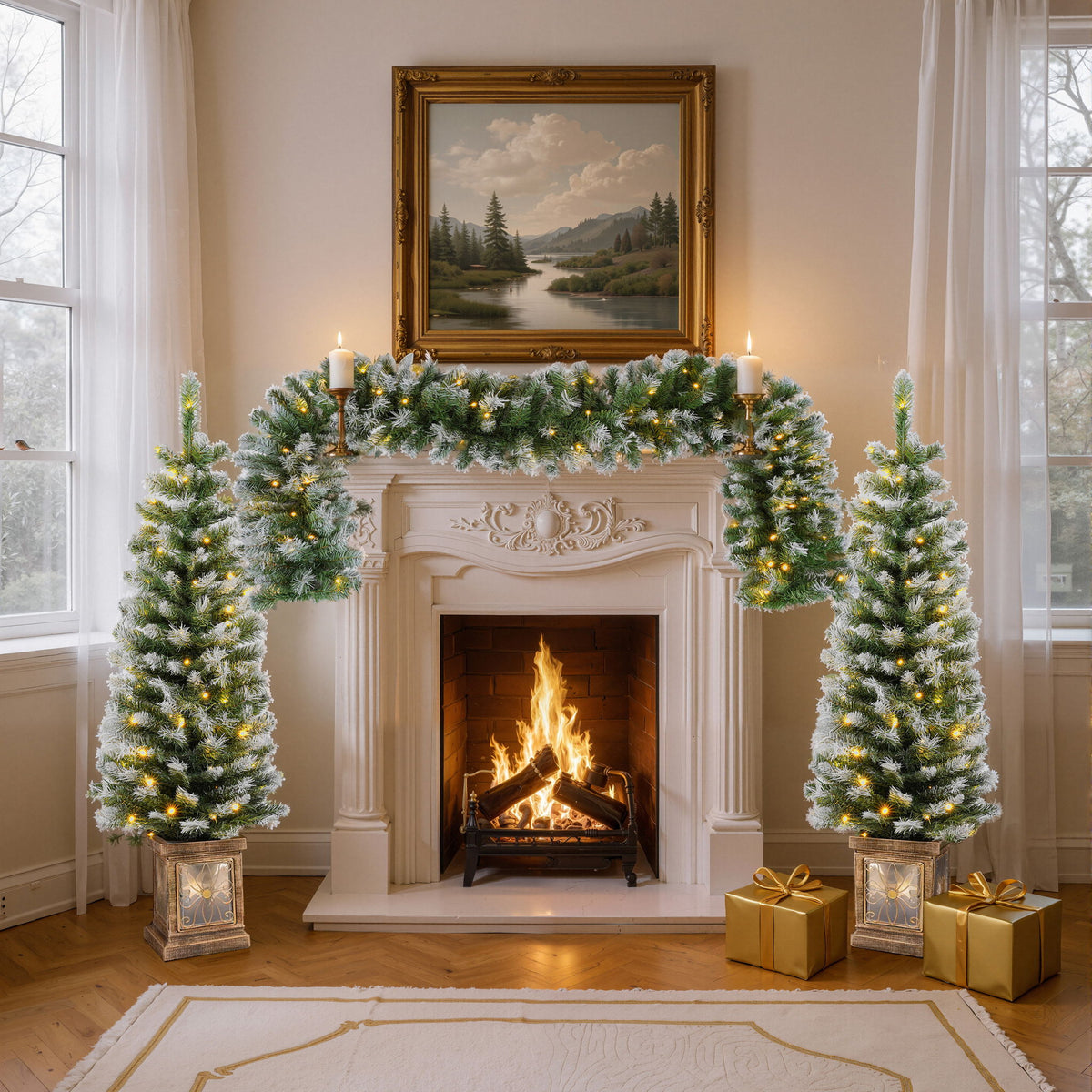 Artificial Christmas 3 Piece Set Wreath And 2 Entrance Trees With LED Lights - White / Green