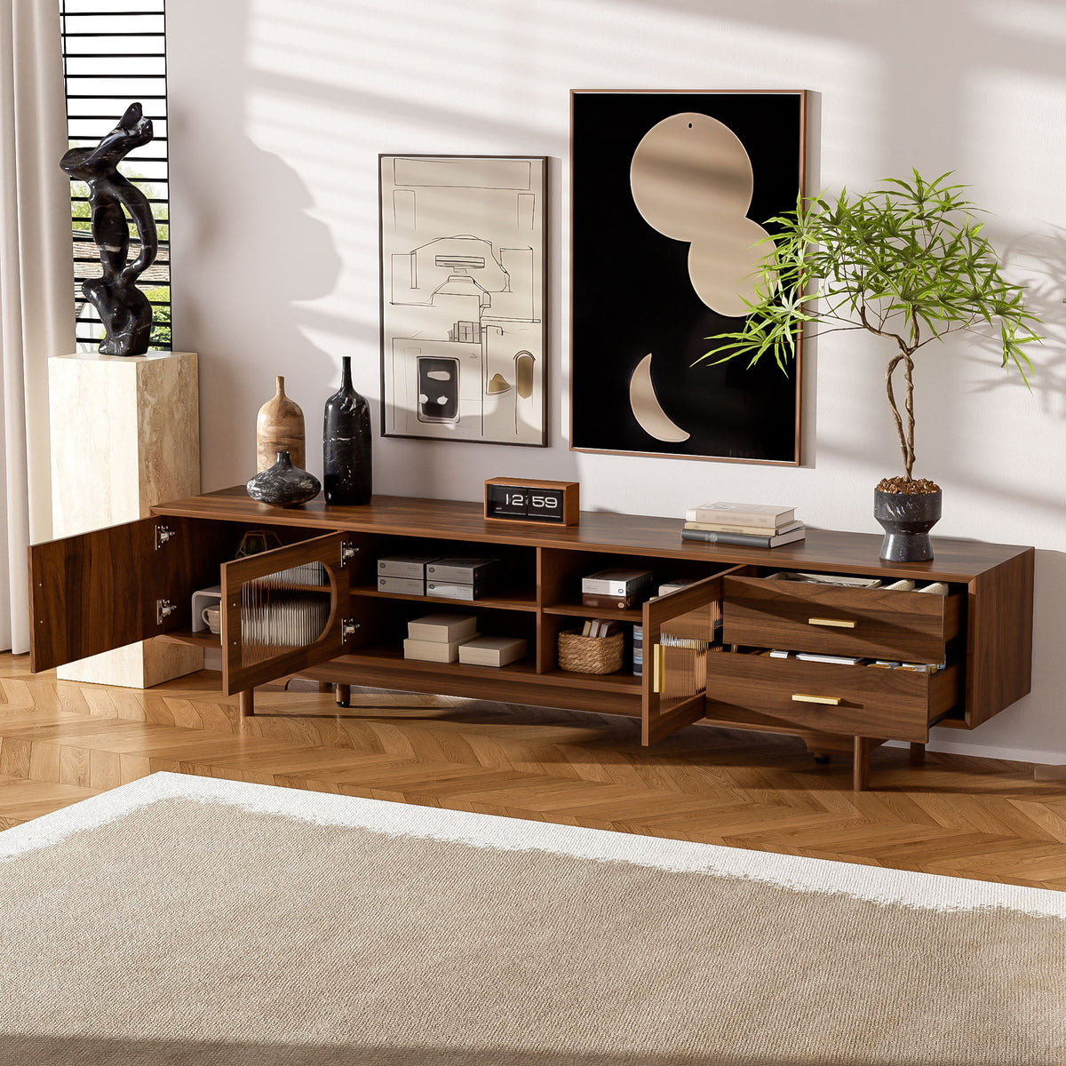 Modern TV Stand With Fluted Glass Doors & 2 Drawers