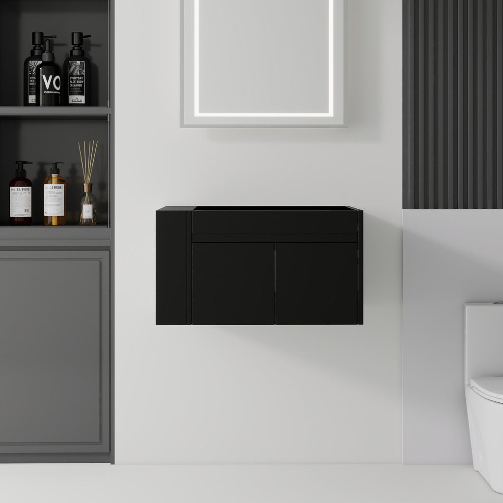 Floating Bathroom Vanity Cabinet, Soft Close Double Drawers, Open Side Storage, Wall Mounted, Cabinet Only