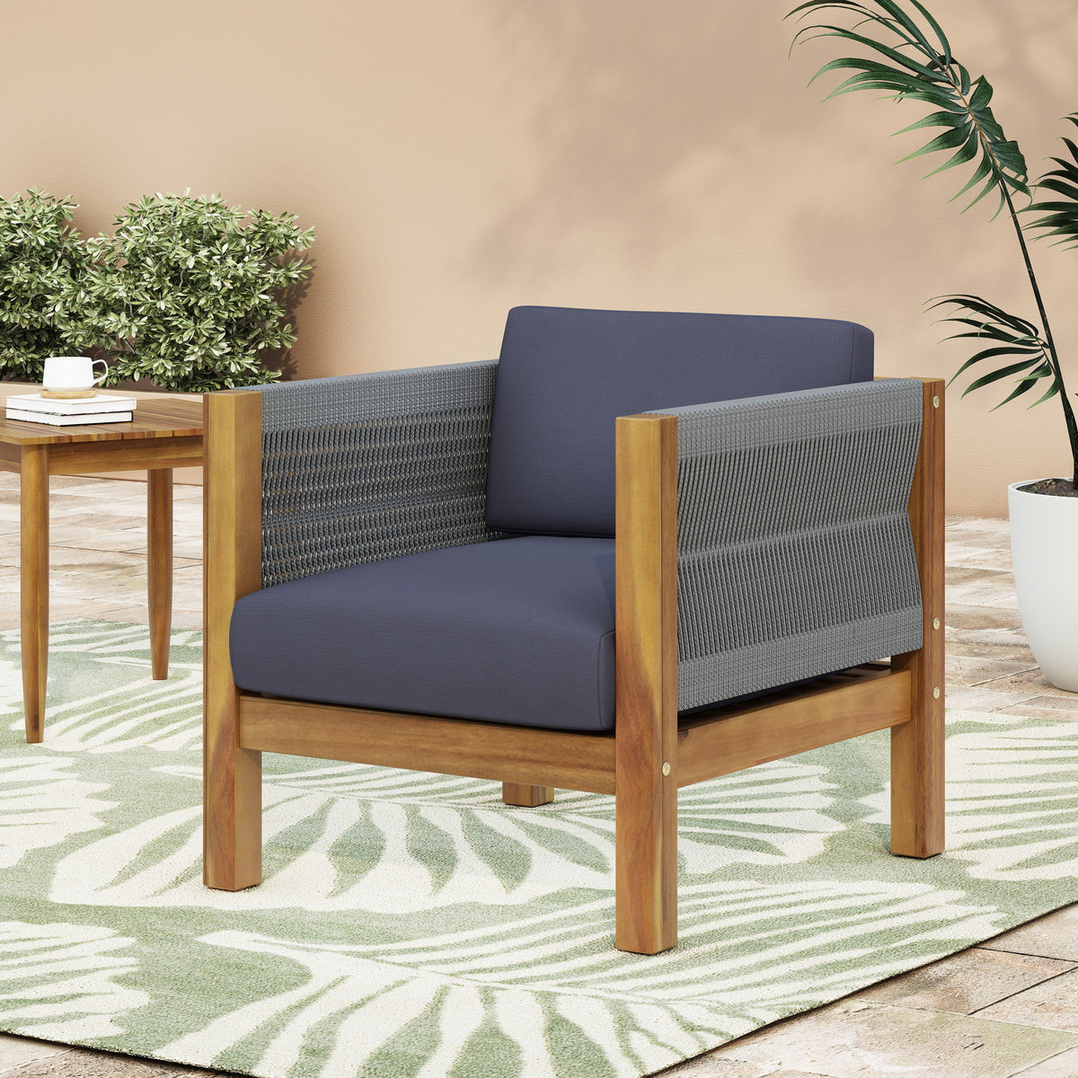 Outdoor Club Chair With Rattan Rope Wave - Dark Gray