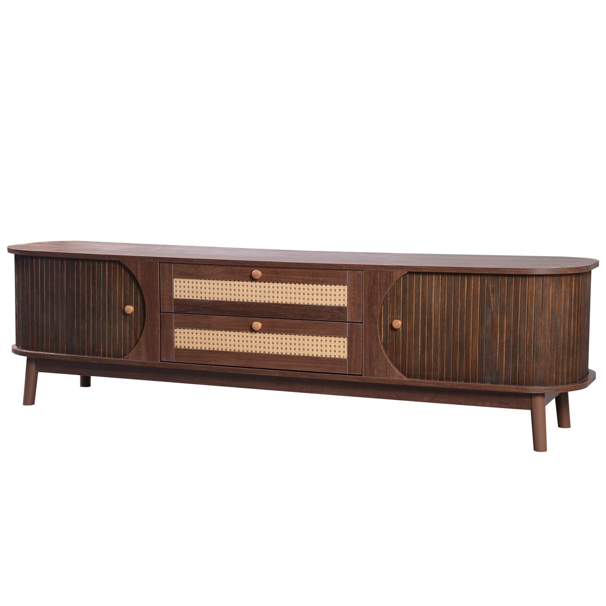 TV Stand For TVs Up To 75'', Cabinet With Drawers And Sliding Doors, Living Room Entertainment Console - Natural Wood / Brown