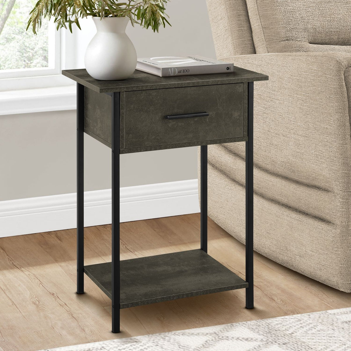 Contemporary 2 Tier Accent Table With Storage Drawer