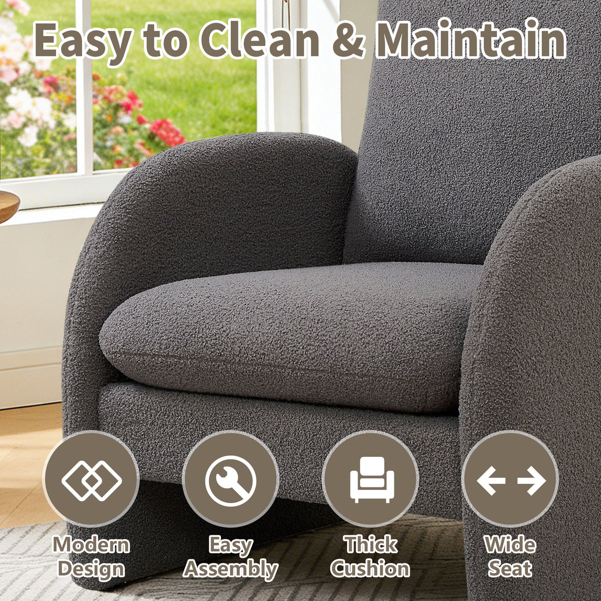 Modern Sherpa Upholstered Accent Chair, Comfortable Living Room Armchair, Lounge Chair For Bedroom, And Office - Gray