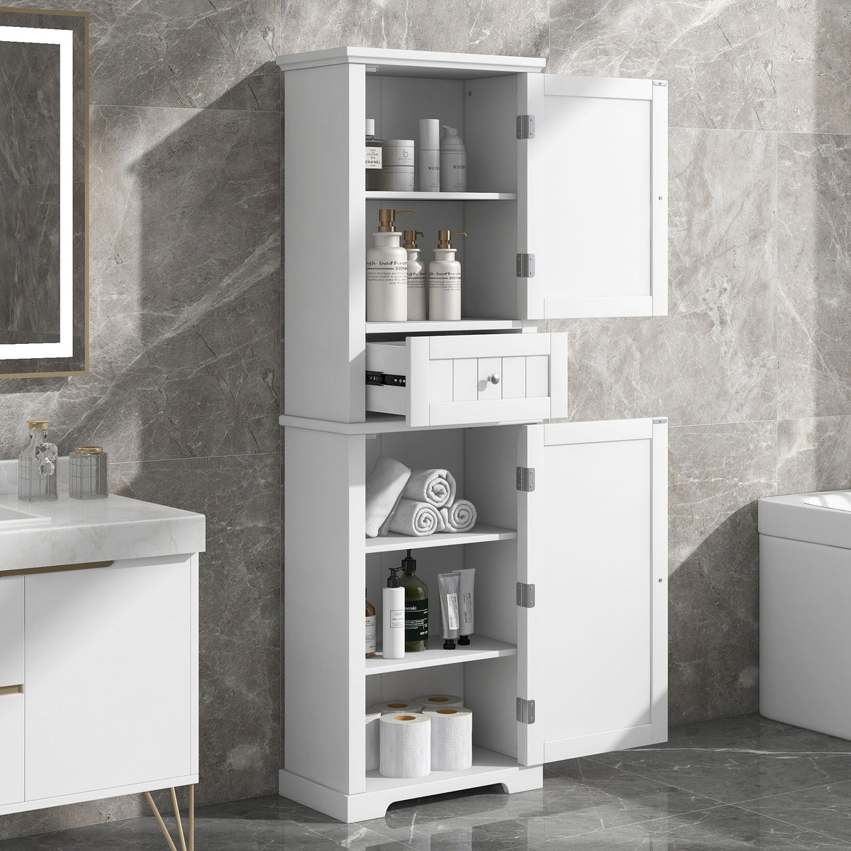 Tall Freestanding Bathroom Storage Cabinet With Drawer And Adjustable Shelf