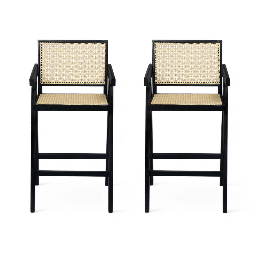 Modern Minimalist Bar Stool With Cane Seat - Black / Natural