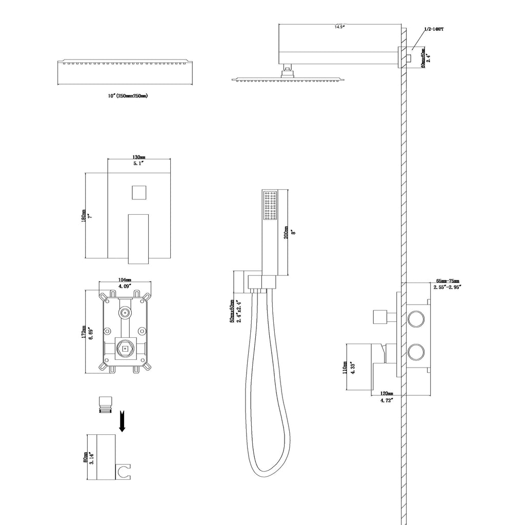 10" Square Dual Shower Head System Wall Mounted With Rough In Valve Modern Bathroom Fixture