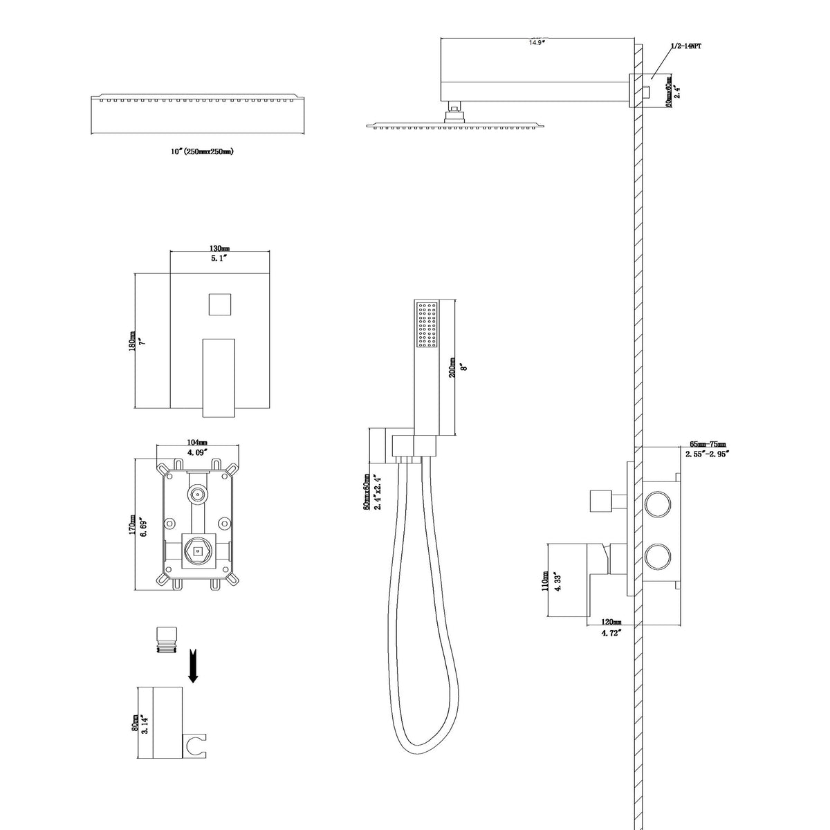 10" Square Dual Shower Head System Wall Mounted With Rough In Valve Modern Bathroom Fixture
