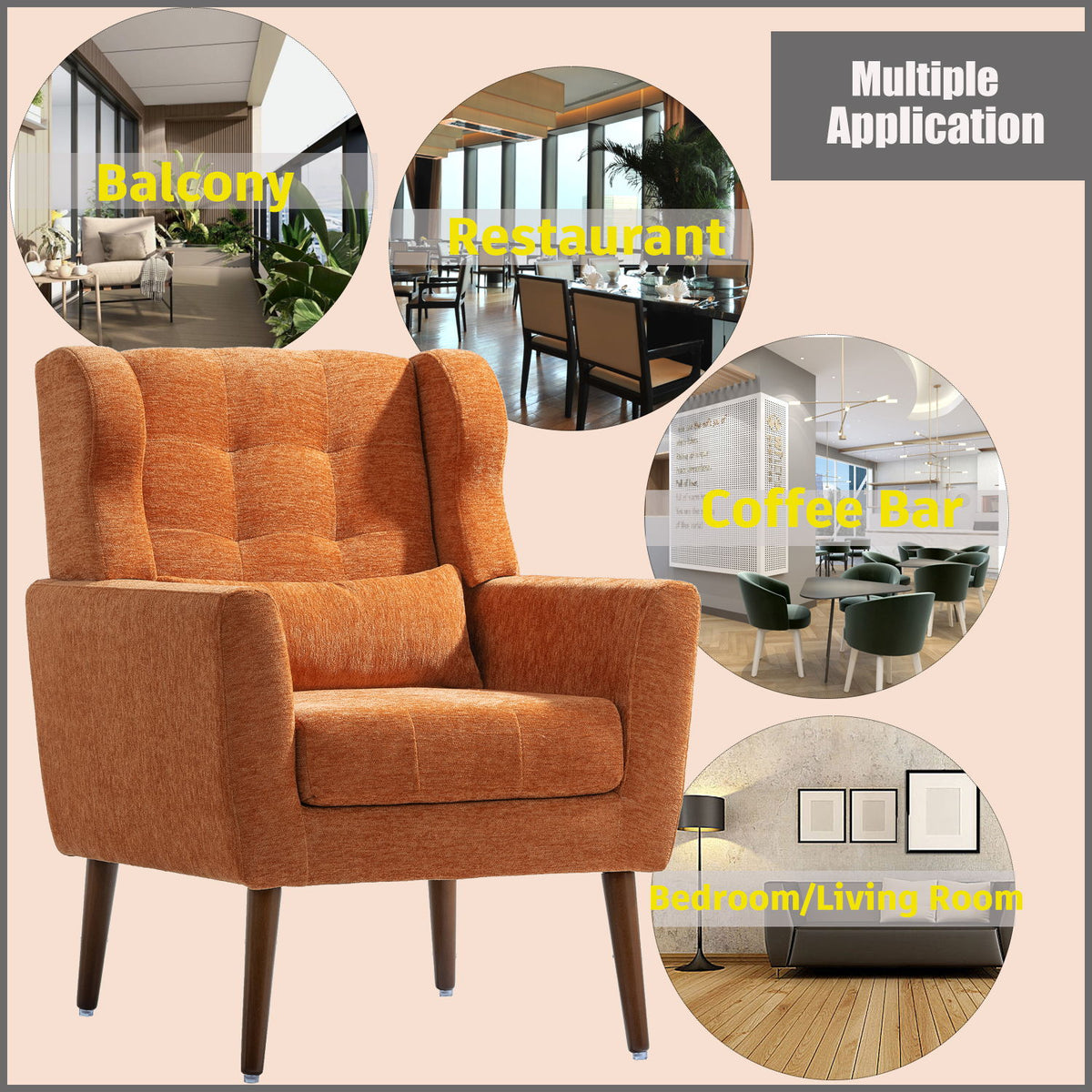 Modern Accent Chair, Arm Chairs For Living Room, Upholstered Mordern Armchair, Comfy Soft Padded Lounge Chair In Small Space, Bedroom, With Pillow, Solid Wood Leg