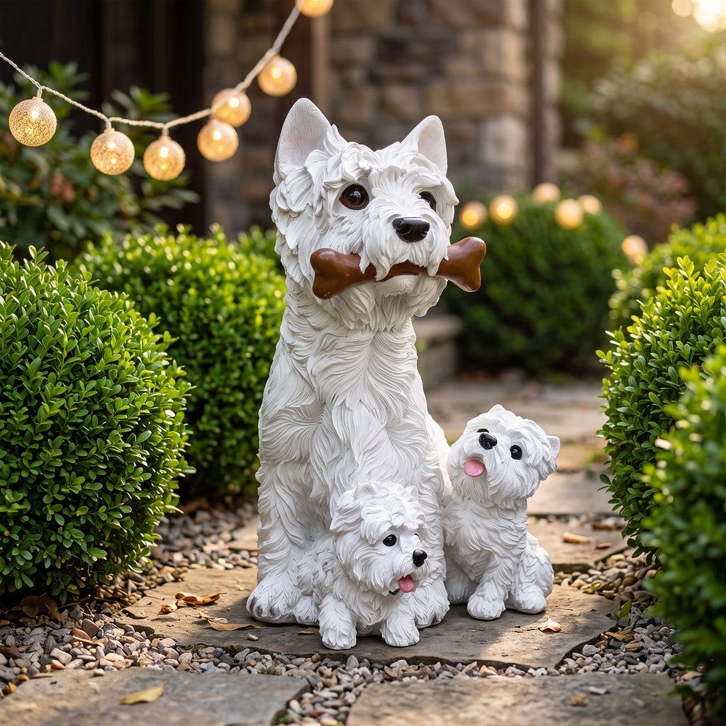 (Set of 3) West Highland White Terrier Garden Statues, Resin Lifelike Westie Dog Figurines, Weather Resistant Outdoor Decor Sculpture For Backyard Lawn Patio