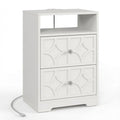 Nightstand With Diamond Carvings Handles, 2 Drawers & Charging Station