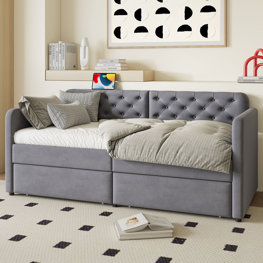Twin Size Upholstered Daybed With 2 Storage Drawers And USB Charging Design - Gray