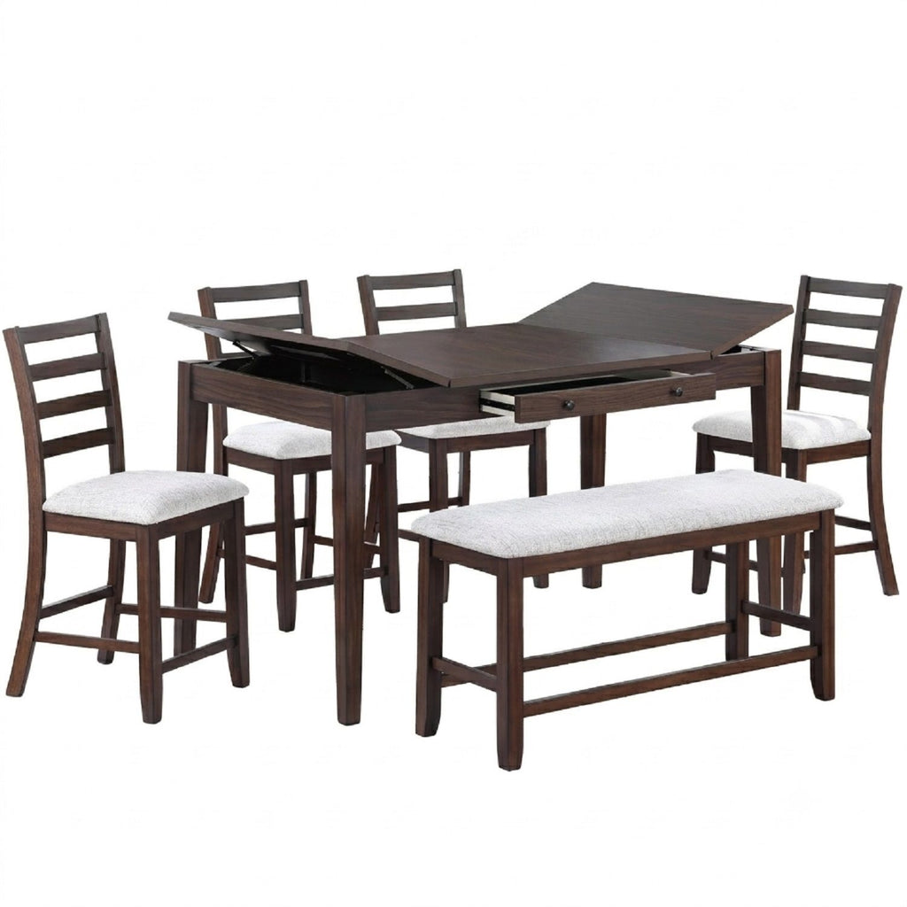 6 Piece Counter Height Dining Set Table With Storage Ladder Back Chairs And Bench - Walnut