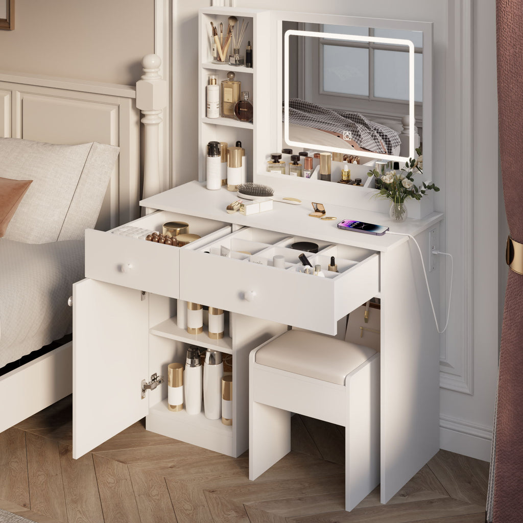 Fashion Vanity Desk With Mirror And Adjustable Lights, Makeup Table Set With 2 Drawers - White