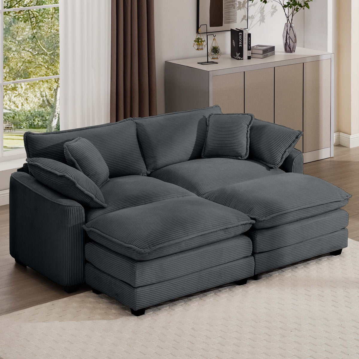 Modular Oversized Cushion Sofa With Ottoman, Low Back, Deep Seating Sofa Set