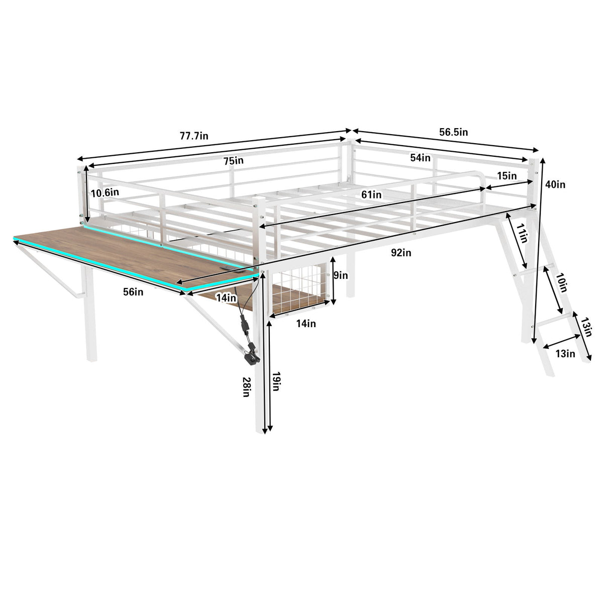 Loft Bed With Built In Desk, LED Light Strip