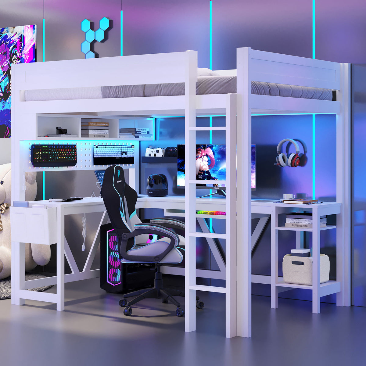 Gaming Loft Bed With Desk, Storage Shelves, LED And Charging Station