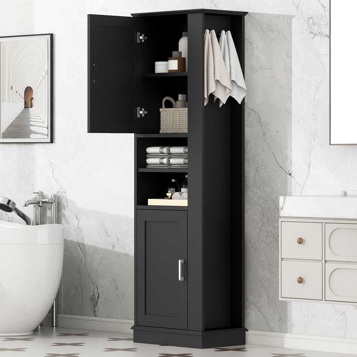 Tall Freestanding Bathroom Storage Cabinet With Adjustable Shelves And Side Hooks Board, Rectangle Design