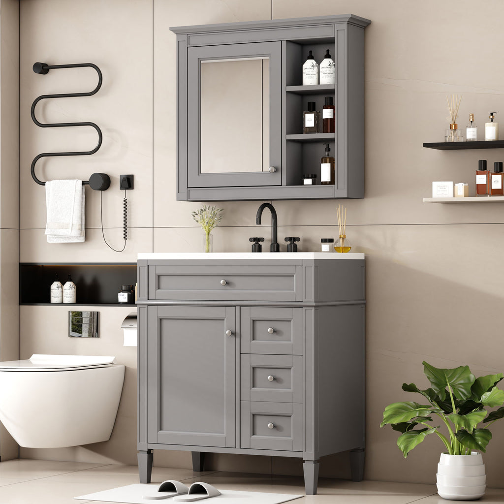 Bathroom Vanity With Top Sink, Freestanding Storage Cabinet With 2 Doors And 3 Drawers, Mirror Cabinet Included - Gray