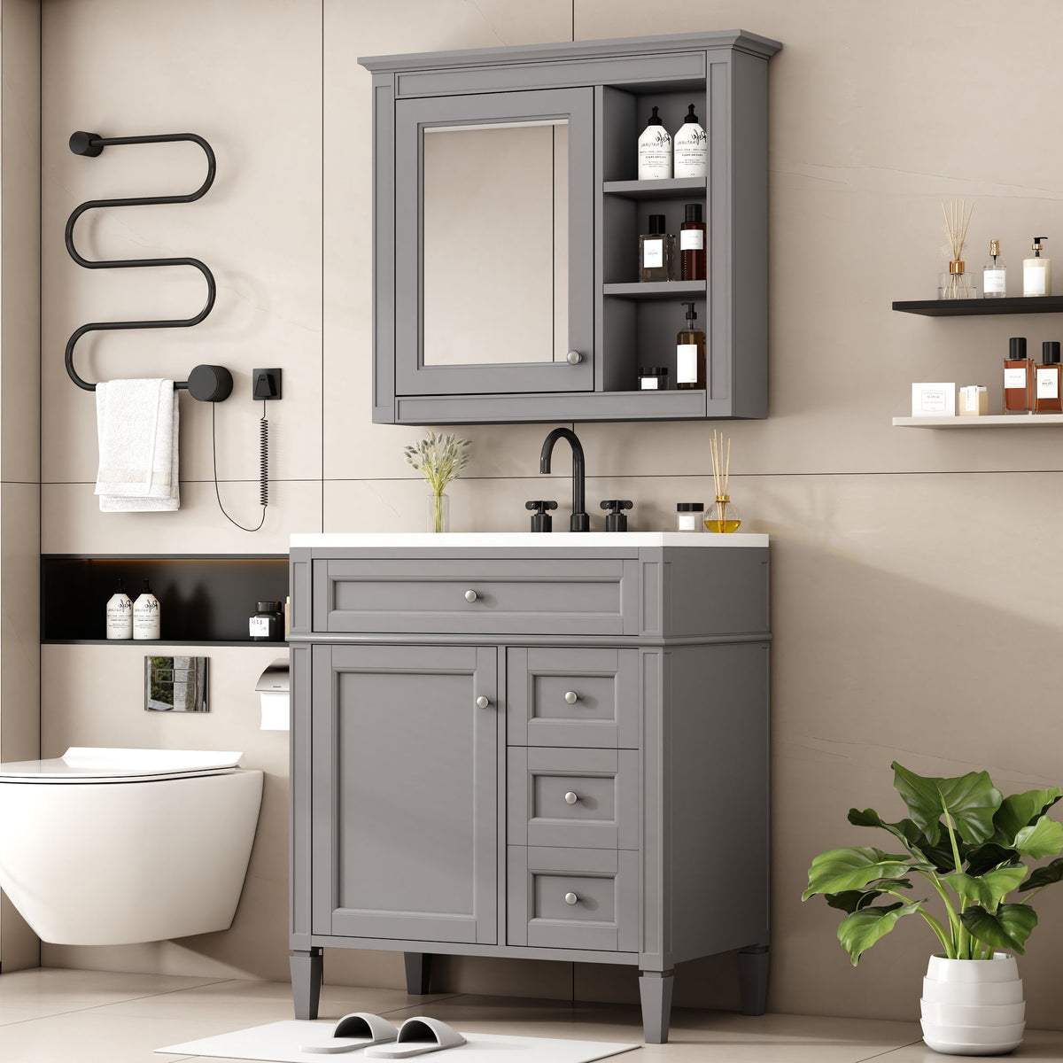 Bathroom Vanity With Top Sink, Freestanding Storage Cabinet With 2 Doors And 3 Drawers, Mirror Cabinet Included - Gray