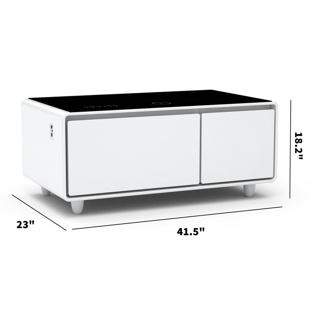 Modern Smart Coffee Table With Built-In Fridge - tooth Speaker, Wireless Charging, Touch Control Panel, USB Interface, Outlet Protection, Atmosphere Light