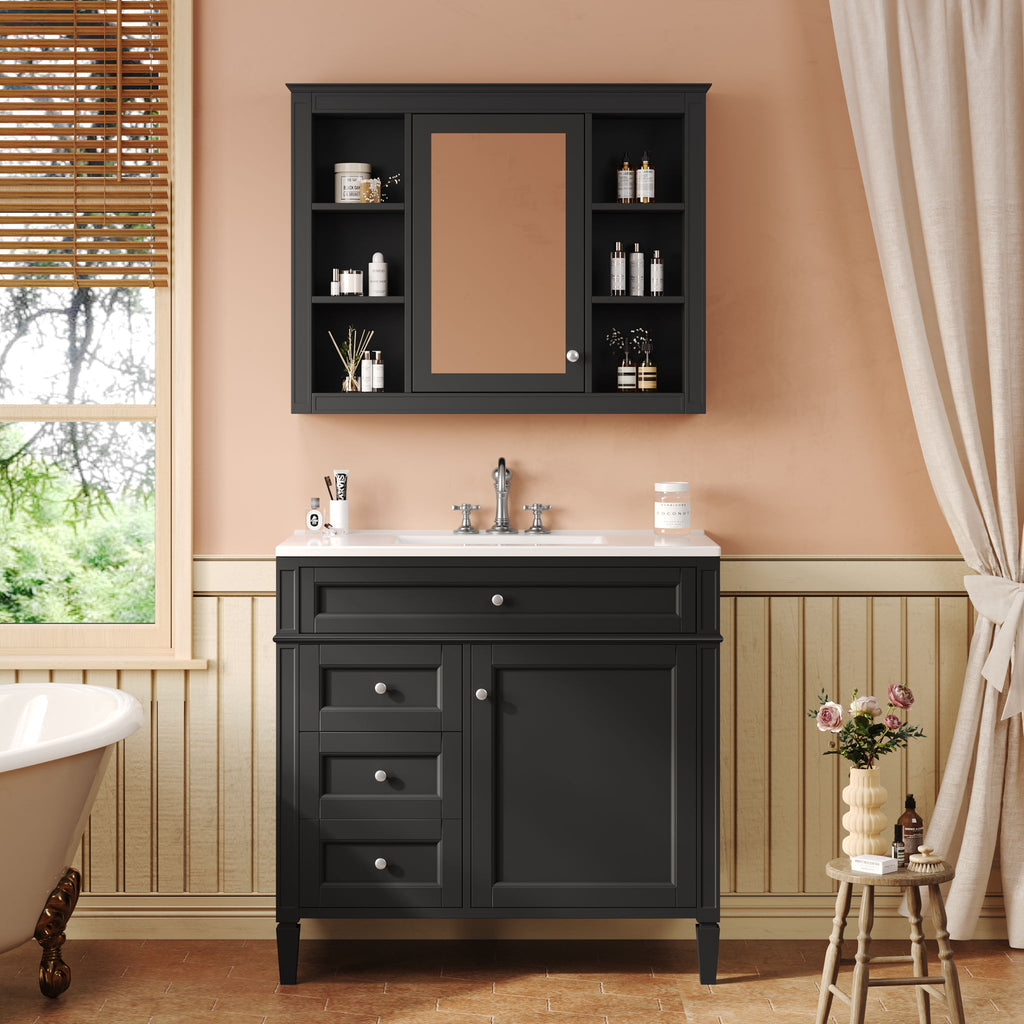 Bathroom Vanity With Mirror Cabinet, Single Sink With 2 Soft Closing Doors And 4 Drawers