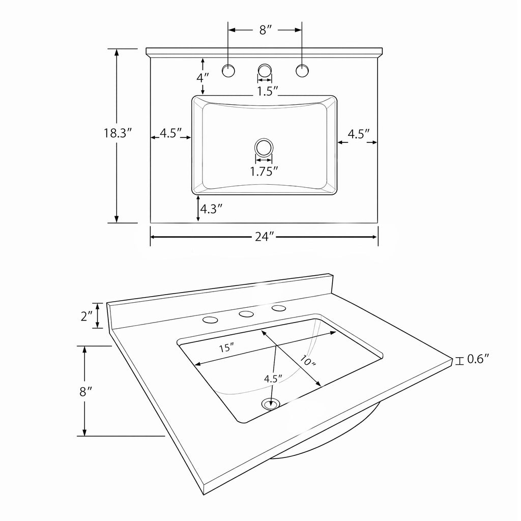 Basin Sink, 0.6" Ultra Thin Profile, Triple Faucet Holes, Sink Only