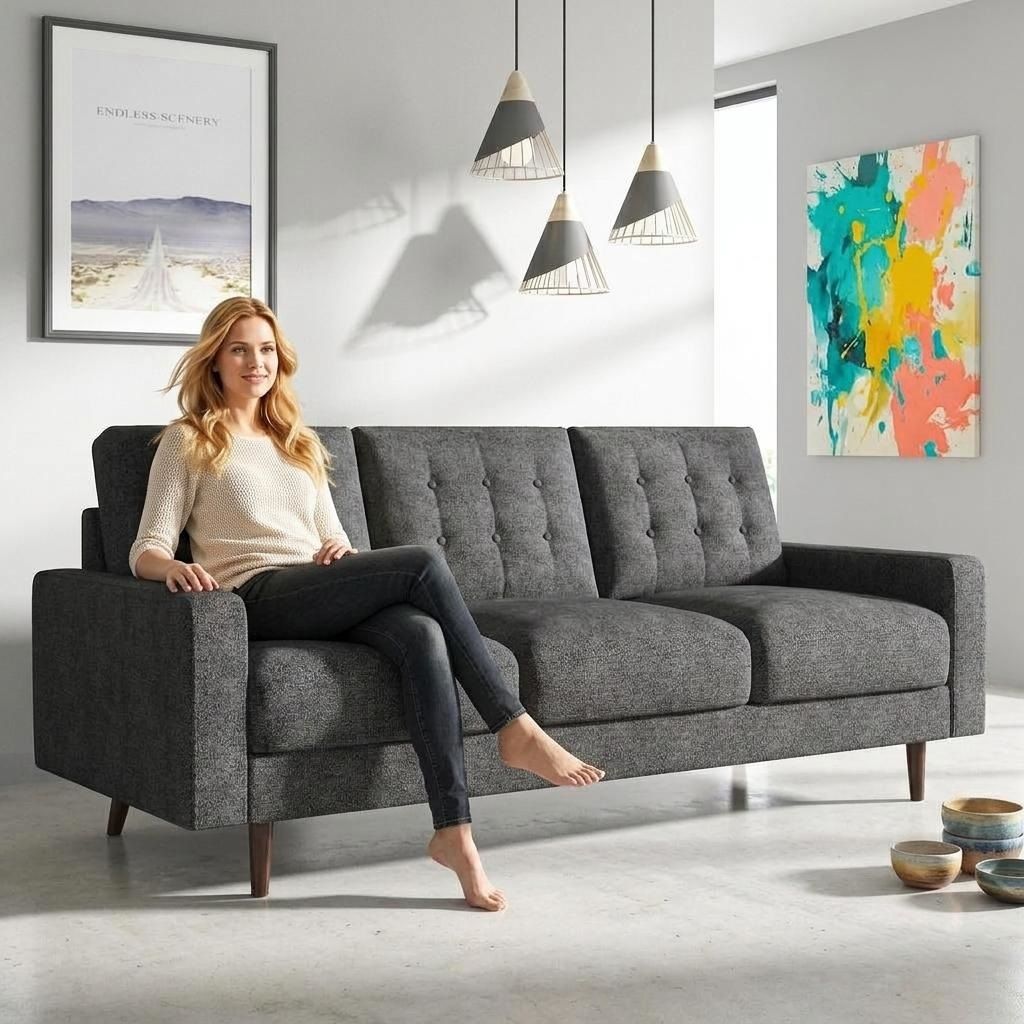 3 Seat Sofa Couch With Tufted Back Upholstered Couch For Living Room