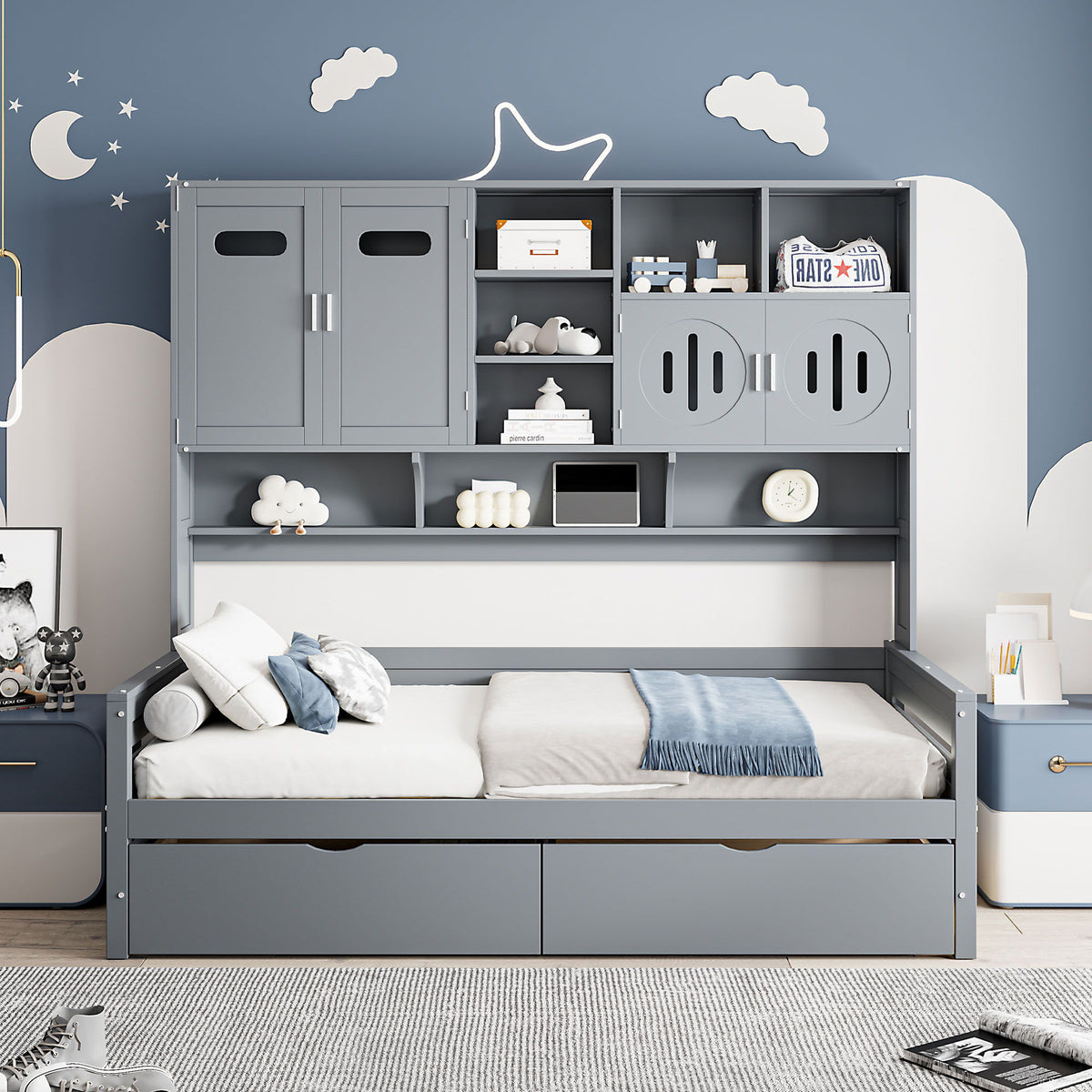 Daybed With All-In-One Cabinet And Shelf