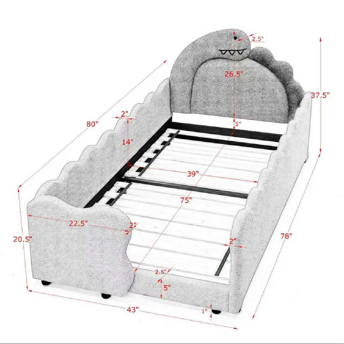 Cute Dinosaur Shaped Bed With Safety Guardrail, Toddler Frame