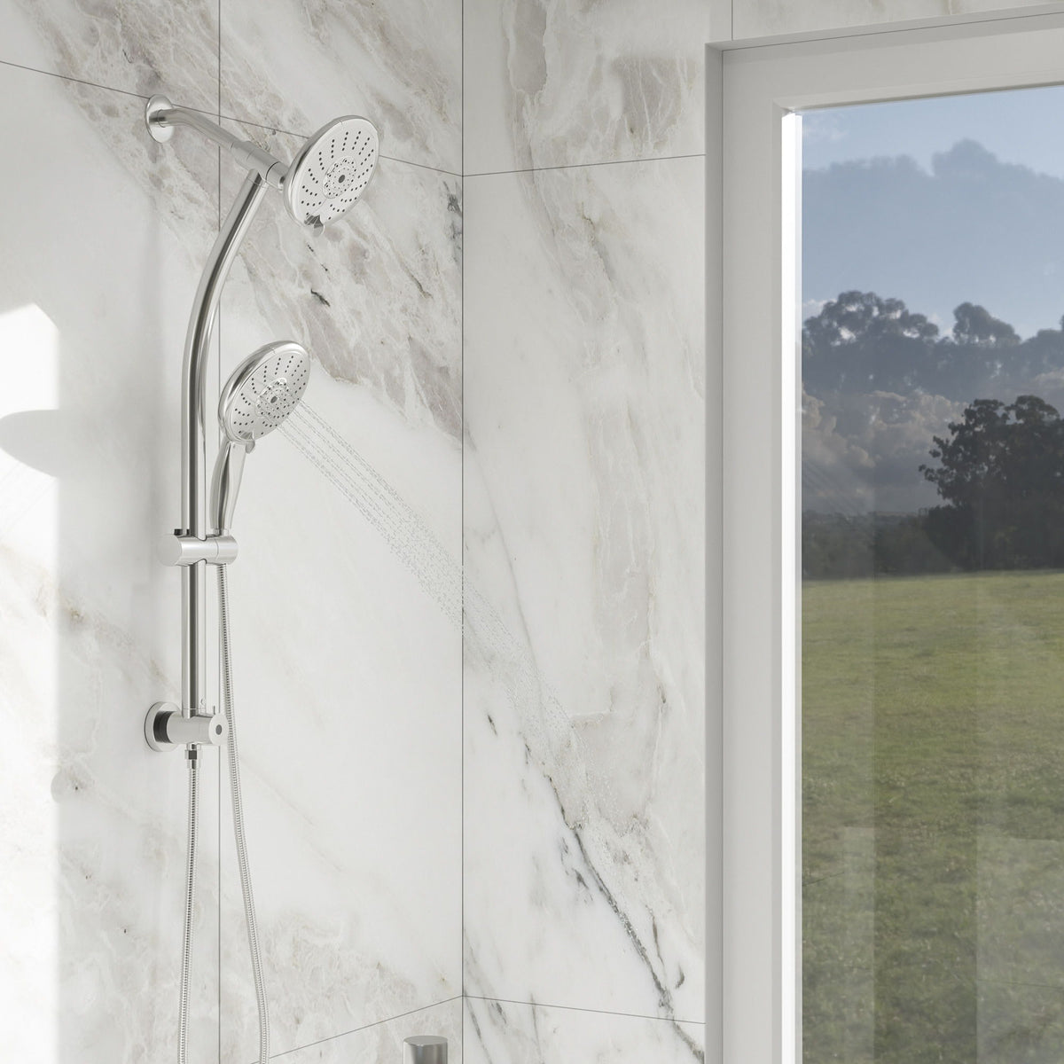 Dual Shower Head With Adjustable Slide Bar And Multi Function Settings