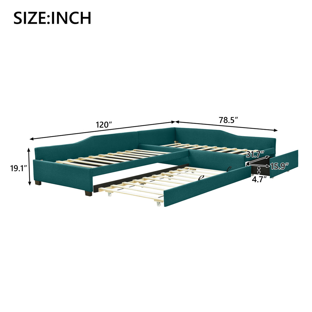 Upholstered Double Daybed With Trundle And Drawer