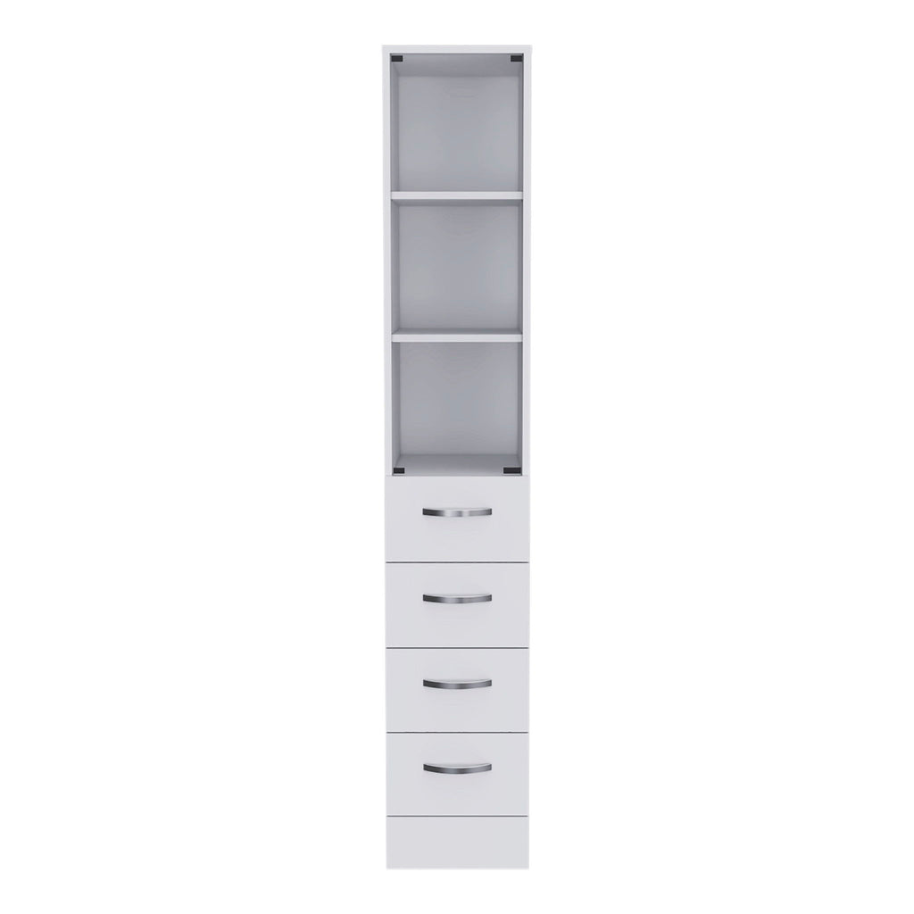 Linen Cabinet, 3 Shelves, 4 Drawers And Metal Handles - White
