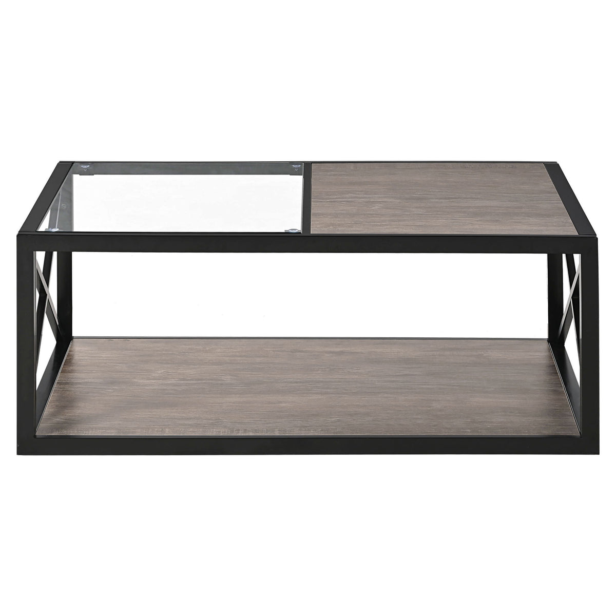Industrial Style Coffee Table For Bedroom & Living Room With Tempered Glass & Wood Grain - Wood
