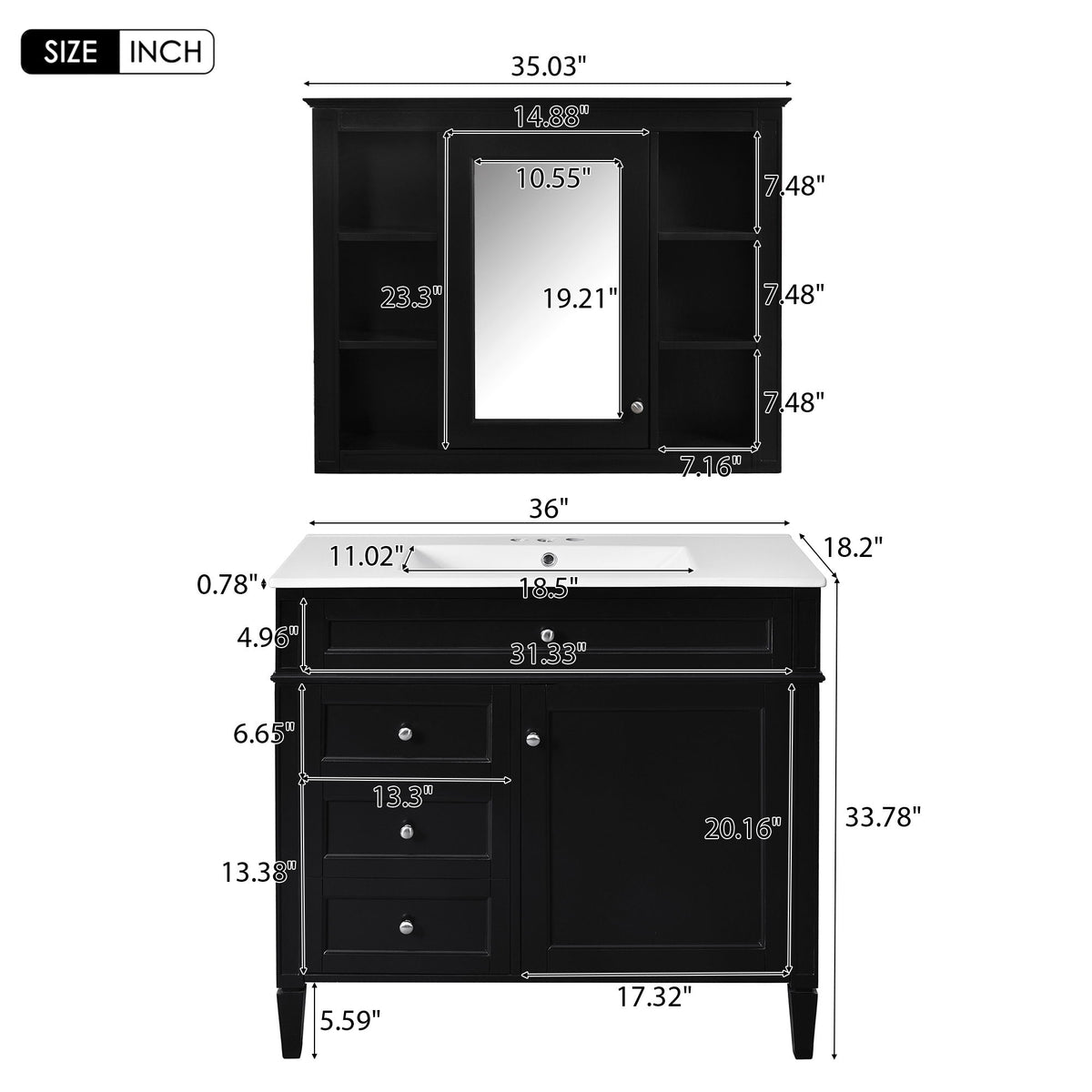 Bathroom Vanity With Mirror Cabinet, Single Sink With 2 Soft Closing Doors And 4 Drawers