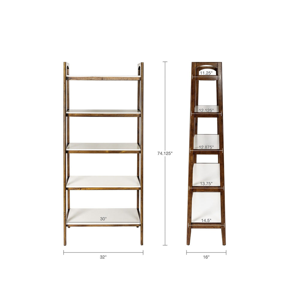 Mid - Century Design 5 Shelf Bookcase - Off White / Pecan