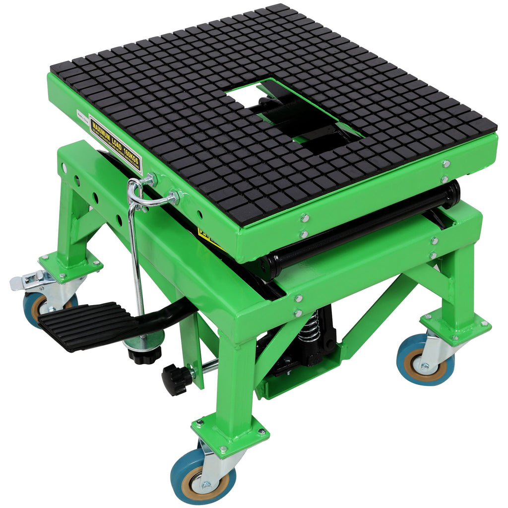 Hydraulic Motorcycle Scissor Jack Lift With Foot Step And Wheels For Dirt Bikes - Black / Green