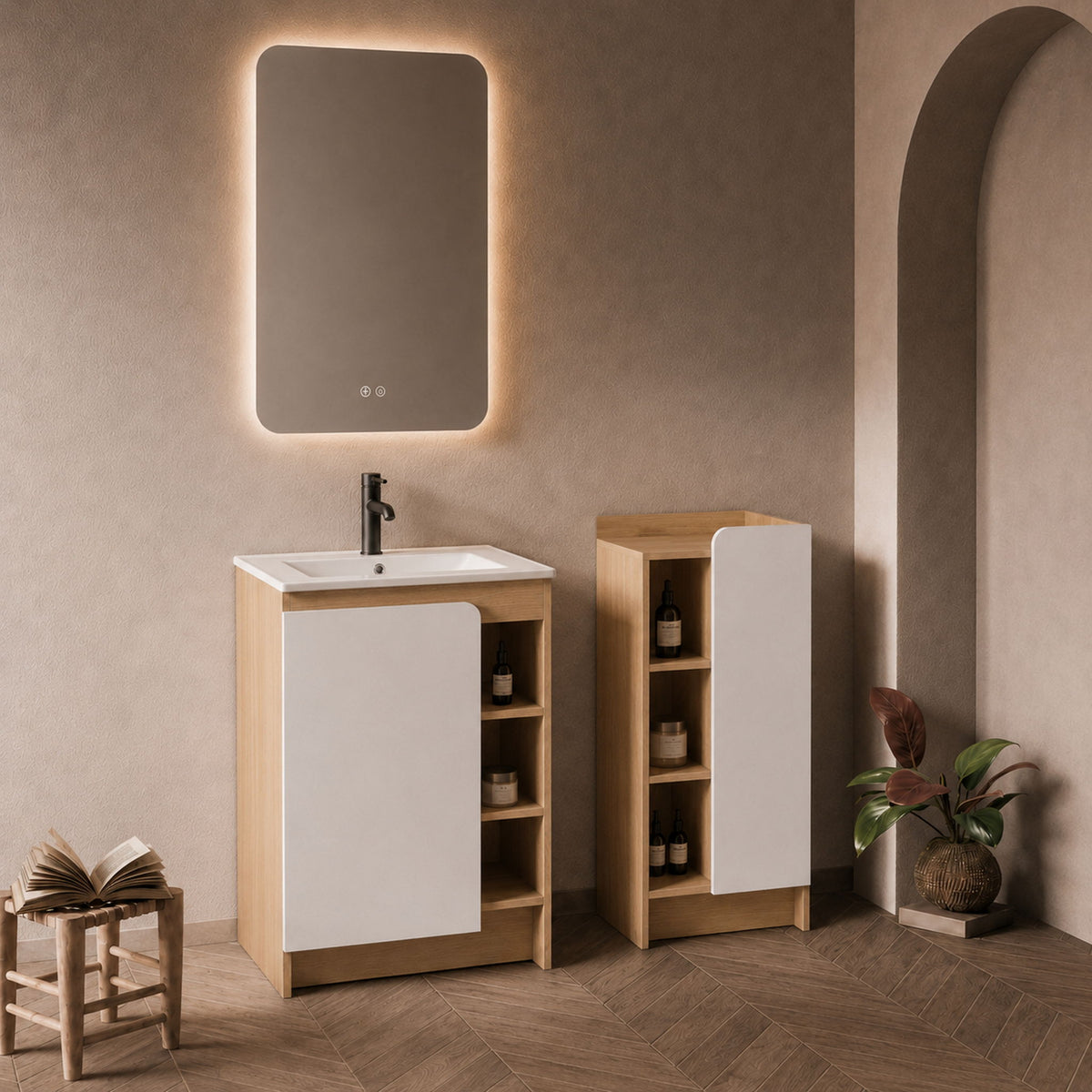 24" Bathroom Vanity With Sink & Side Cabinet, Vanity Set With Thin Edge Sink & Interchangeable Door Panels, Bathroom Storage - Black / Light Oak / White