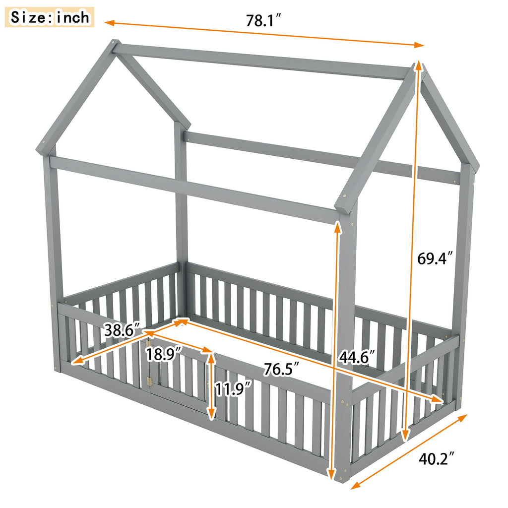 Wood House Bed With Fence And Door