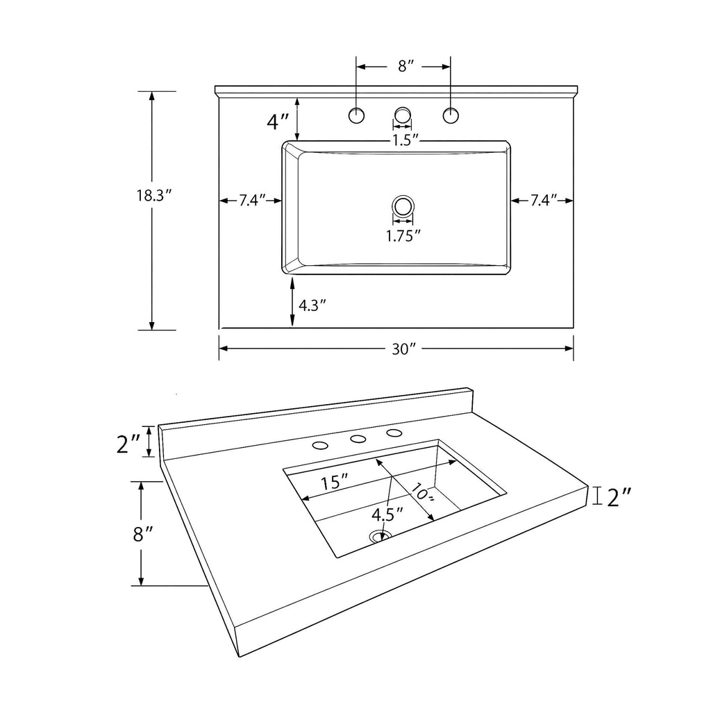 Basin Sink With 2" Thick Rim, Triple Faucet Holes, Sink Only
