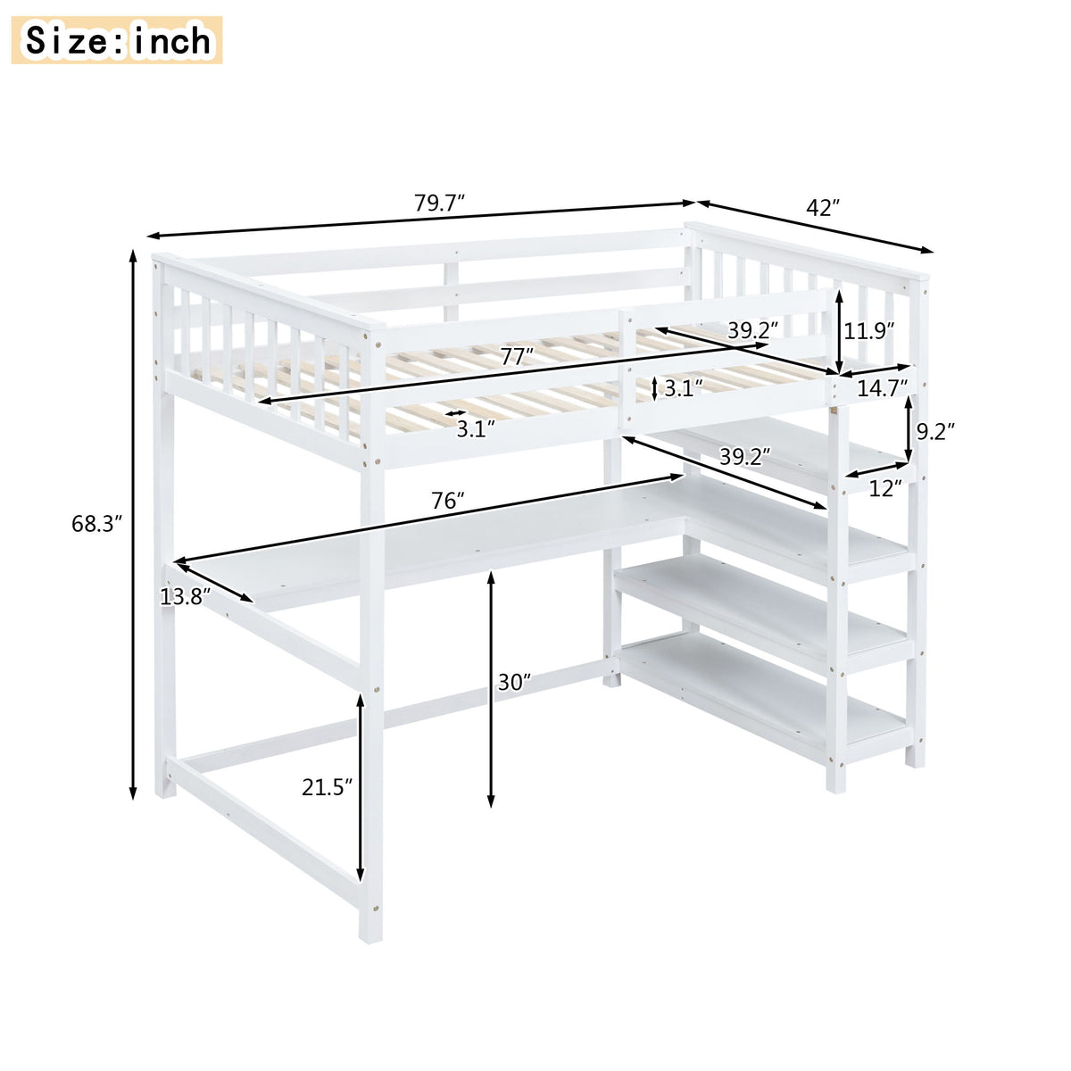 Loft Bed With Storage Shelves And Under Bed Desk