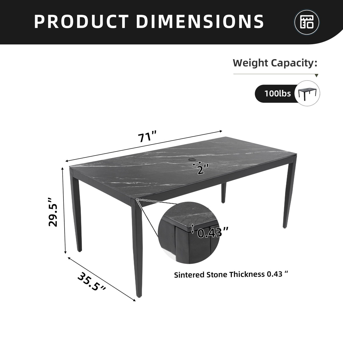 Outdoor Modern Patio Dining Table, Post Tapered Legs, Weatherproof & Rust Free