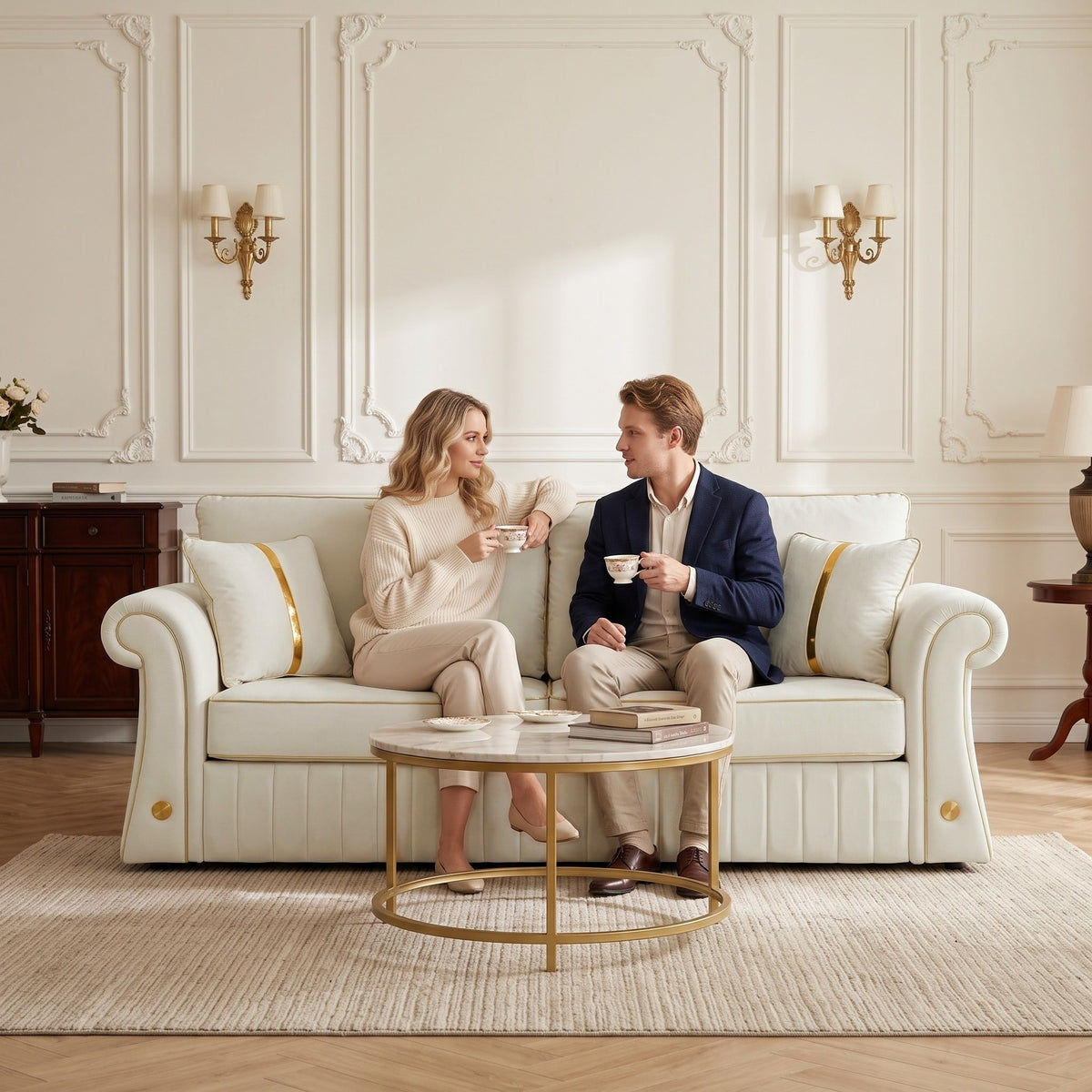 Sofa With Rolled Arms, 3 Seater Couch, Living Room Accent - Cream White