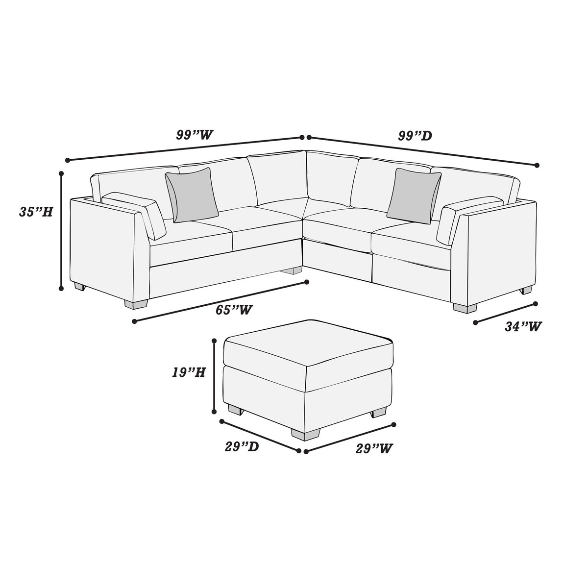 Contemporary L - Sectional Sofa Set With Ottoman And Pillows