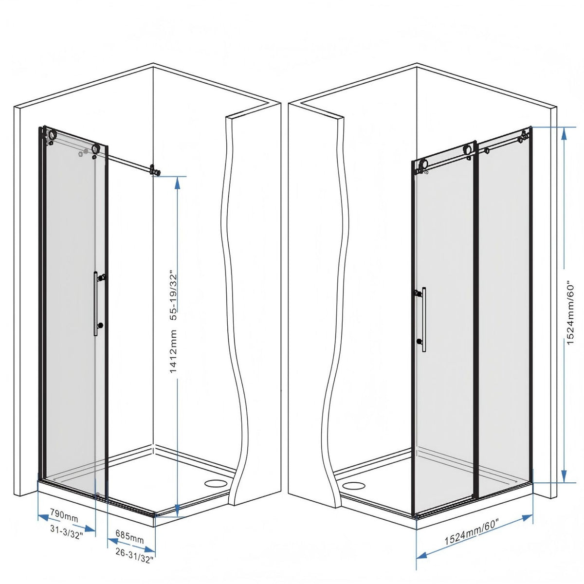 Frameless Shower Door, Smooth Sliding Tracks