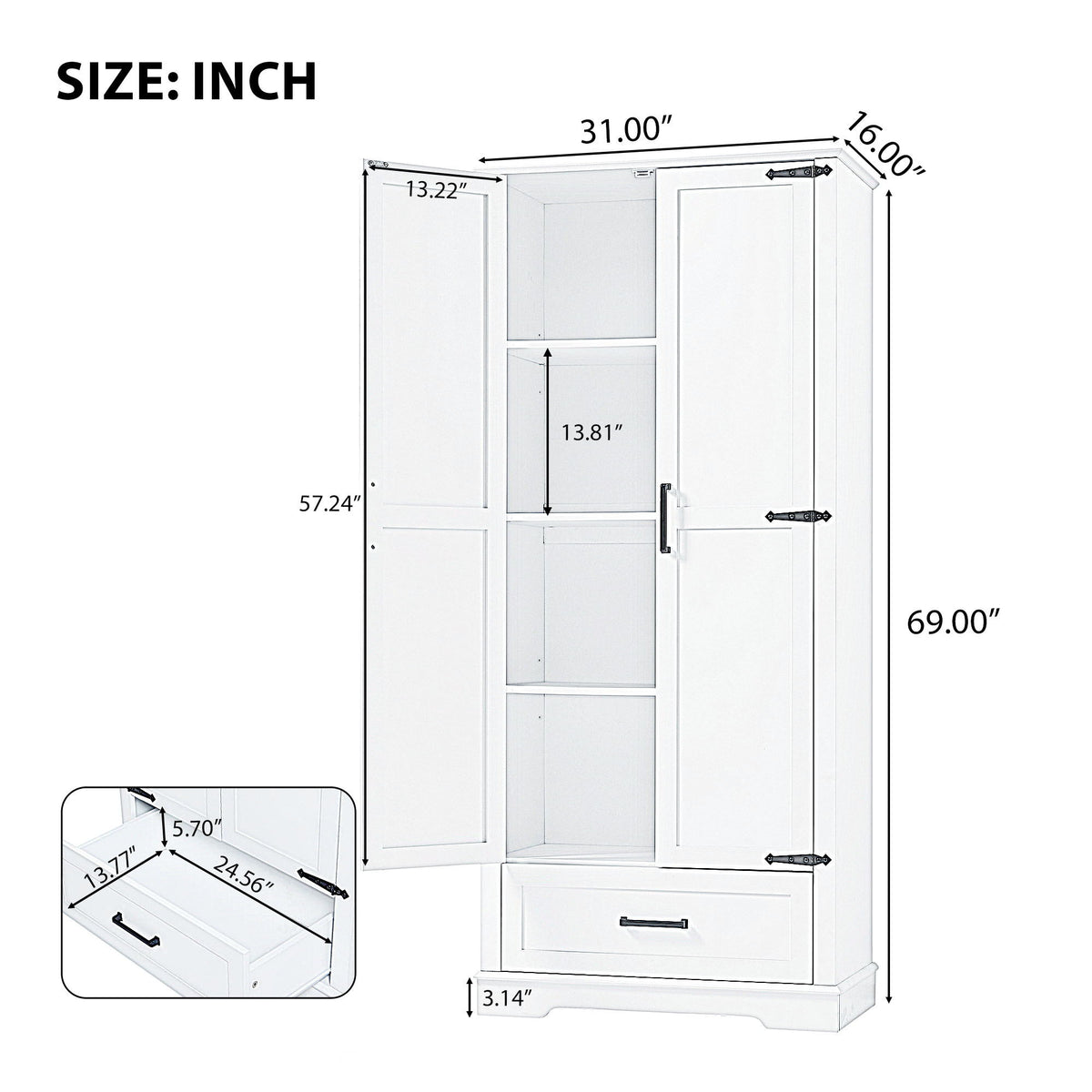 Tall Bathroom Storage Cabinet With 2 Doors And 2 Drawer, Adjustable Shelf - White