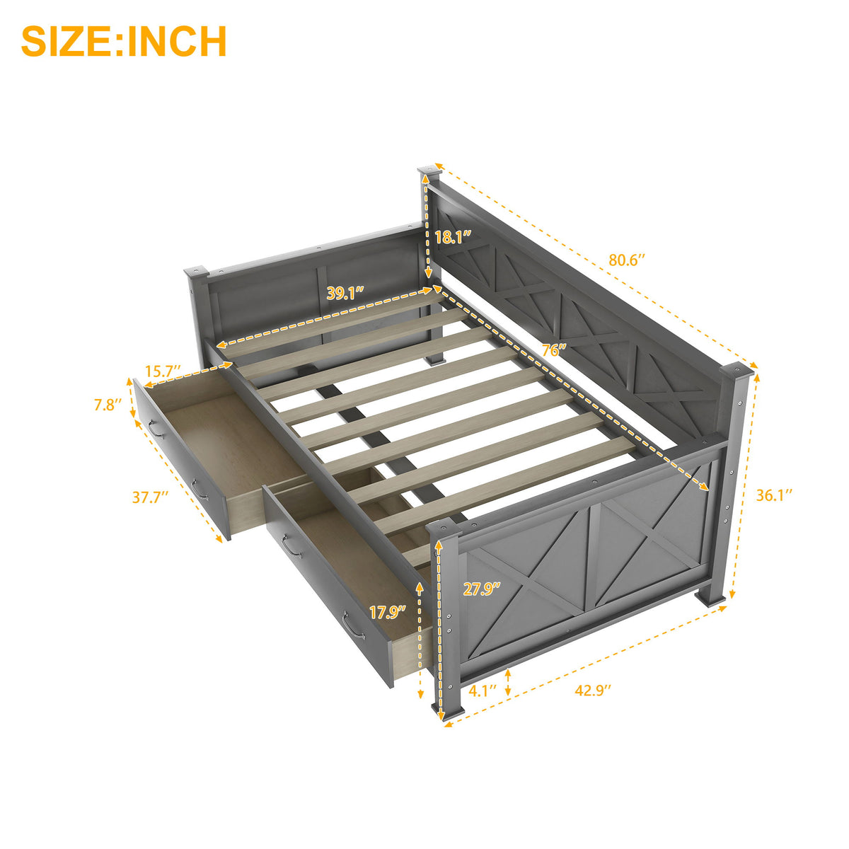 Modern Daybed With 2 Large Drawers, X Shaped Frame